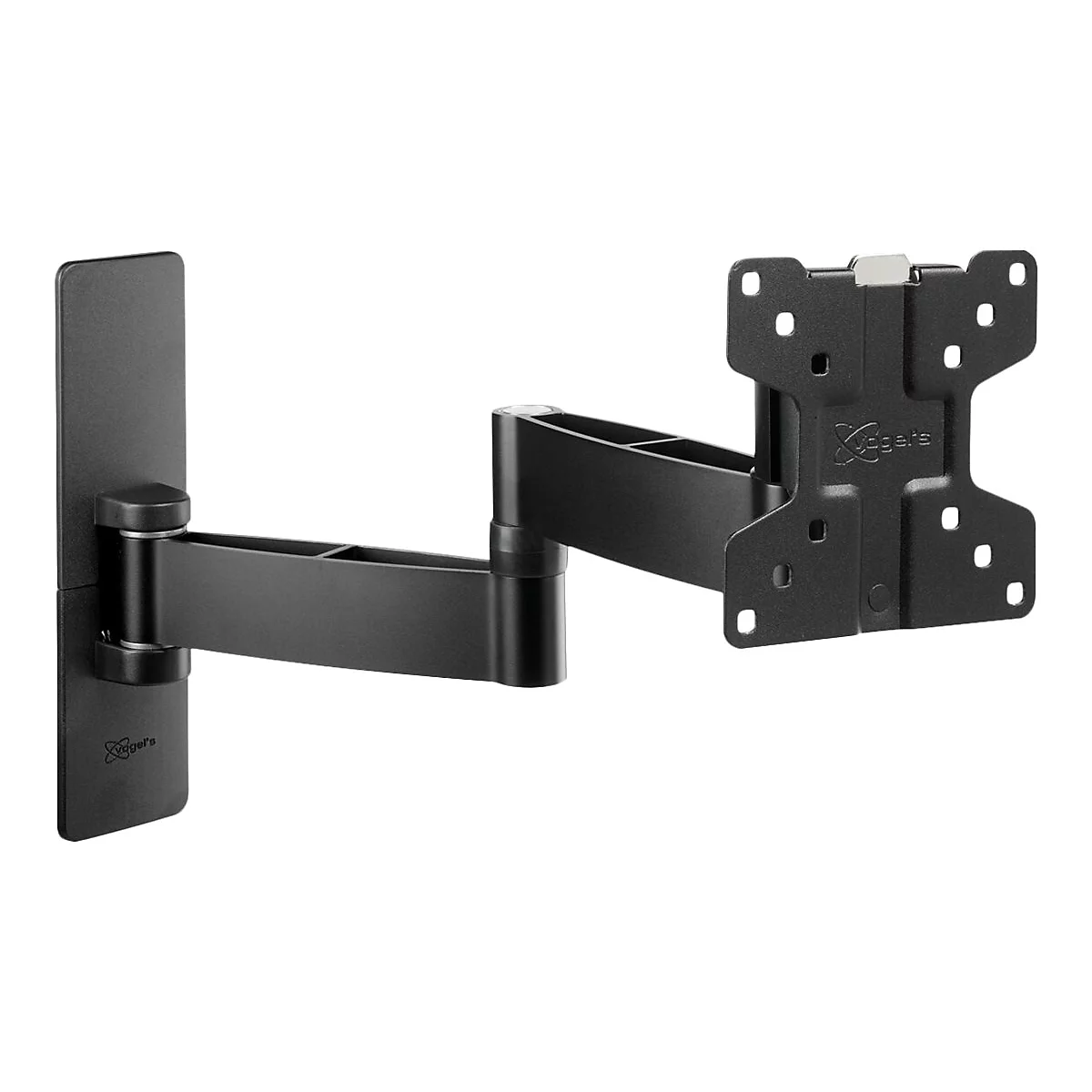 Schwarze TV-Wandhalterung mit beweglichem Arm und Montageplatte fÃ¼r den Fernseher. Auf weiÃŸem Hintergrund.