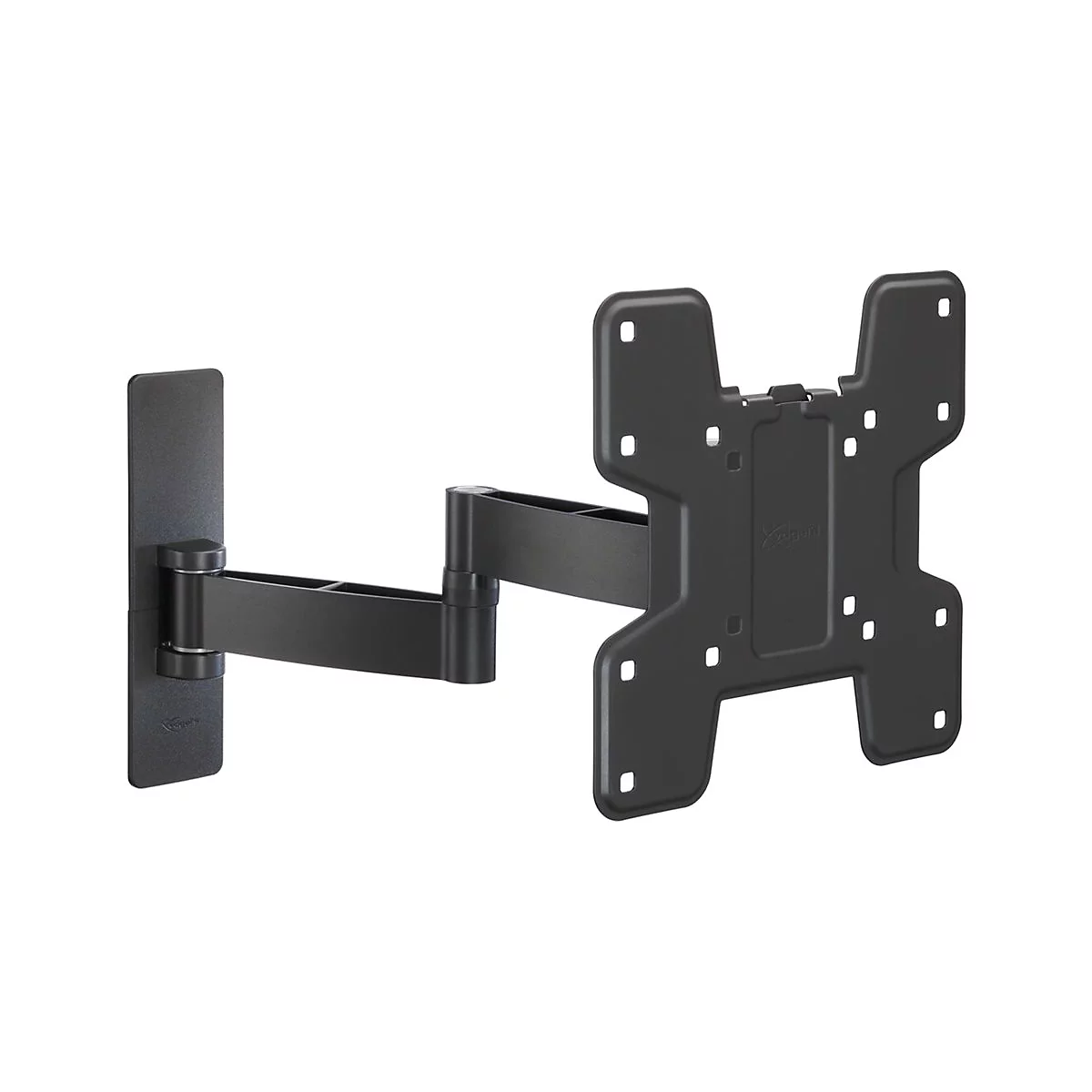 Schwarze TV-Wandhalterung, dreh- und neigbar. Besteht aus Wandplatte, beweglichem Arm und Halterung für den Fernseher.