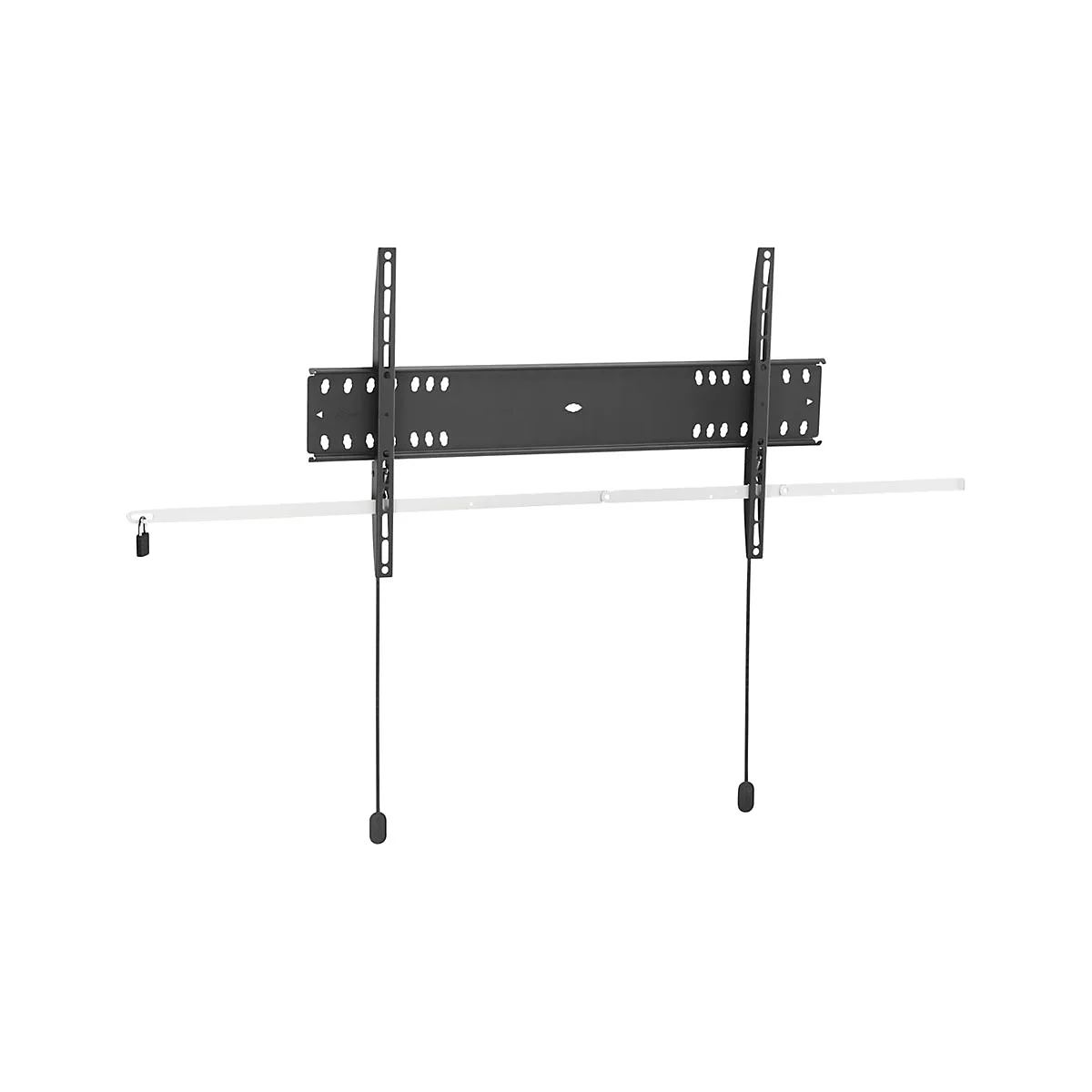 Un support de télévision noir sur fond blanc. Le support est constitué de pièces métalliques horizontales et verticales avec des trous de montage et une corde.