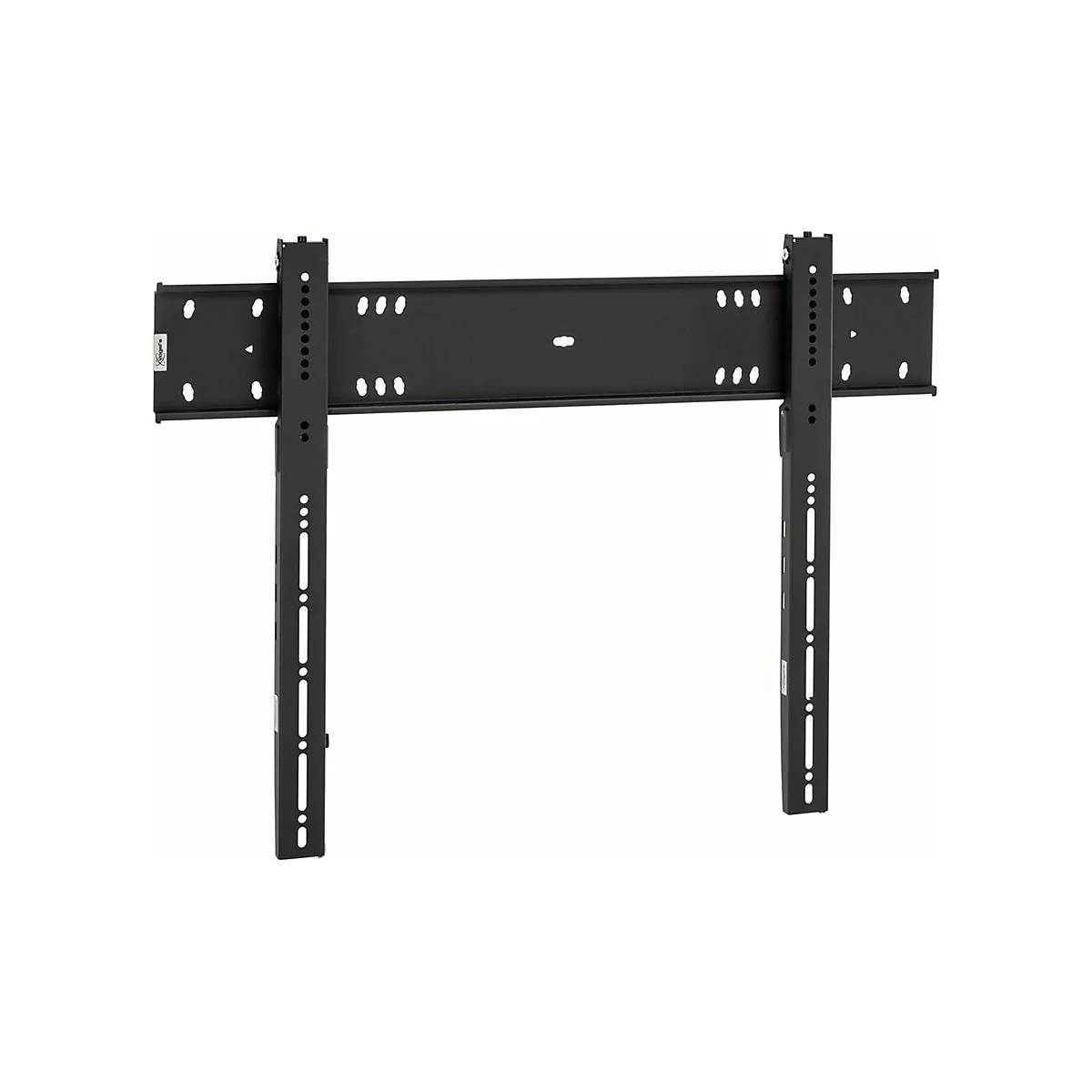 Schwarze TV-Wandhalterung, bestehend aus zwei Säulen und einer horizontalen Platte, vor weißem Hintergrund.