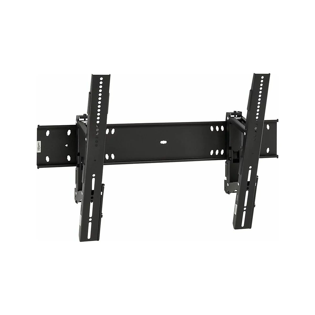 Schwarze TV-Wandhalterung, bestehend aus horizontalen und vertikalen Metallstreben mit Bohrungen. Auf weißem Hintergrund.