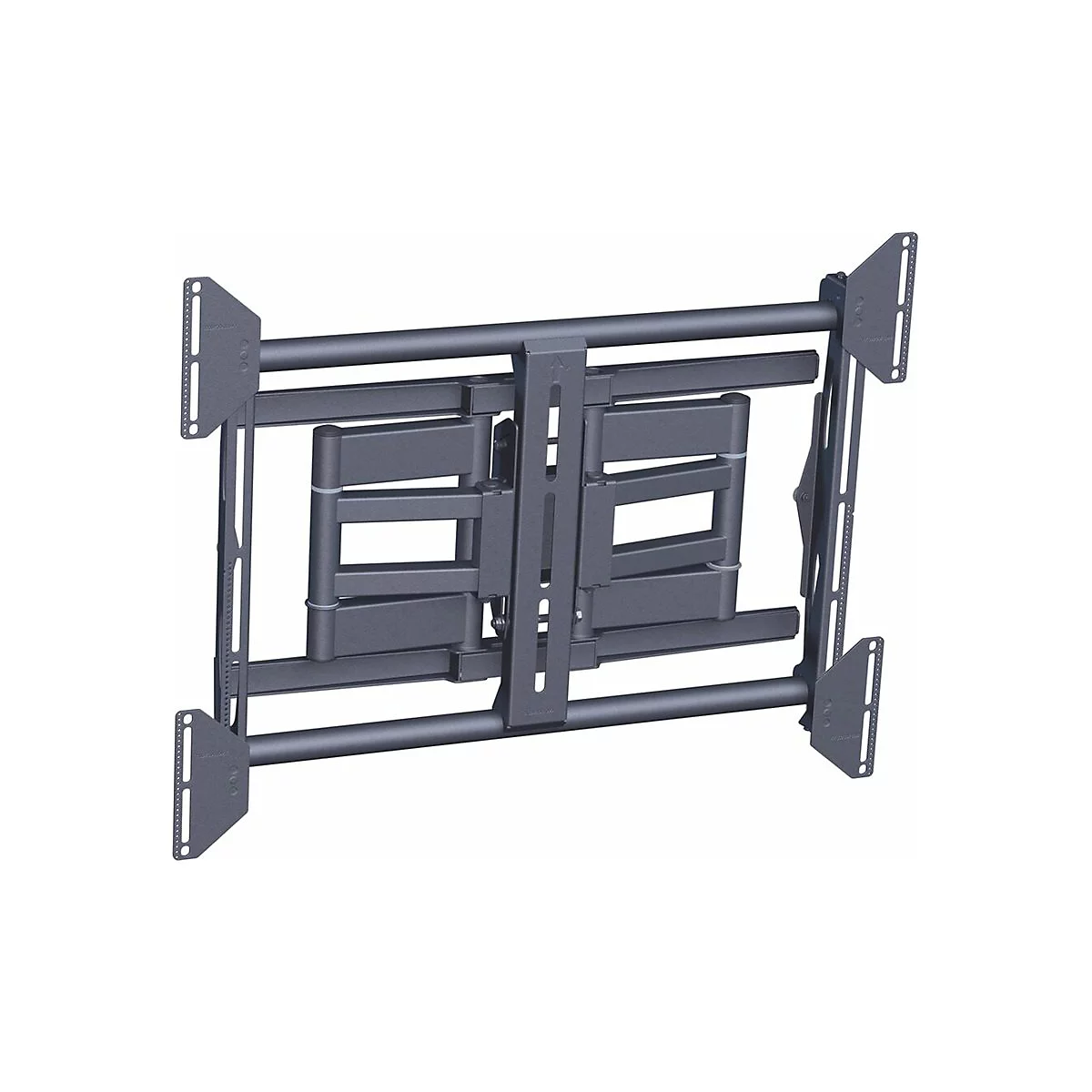 Schwarze TV-Wandhalterung, drehbar, mit mehreren Gelenken für Flexibilität.