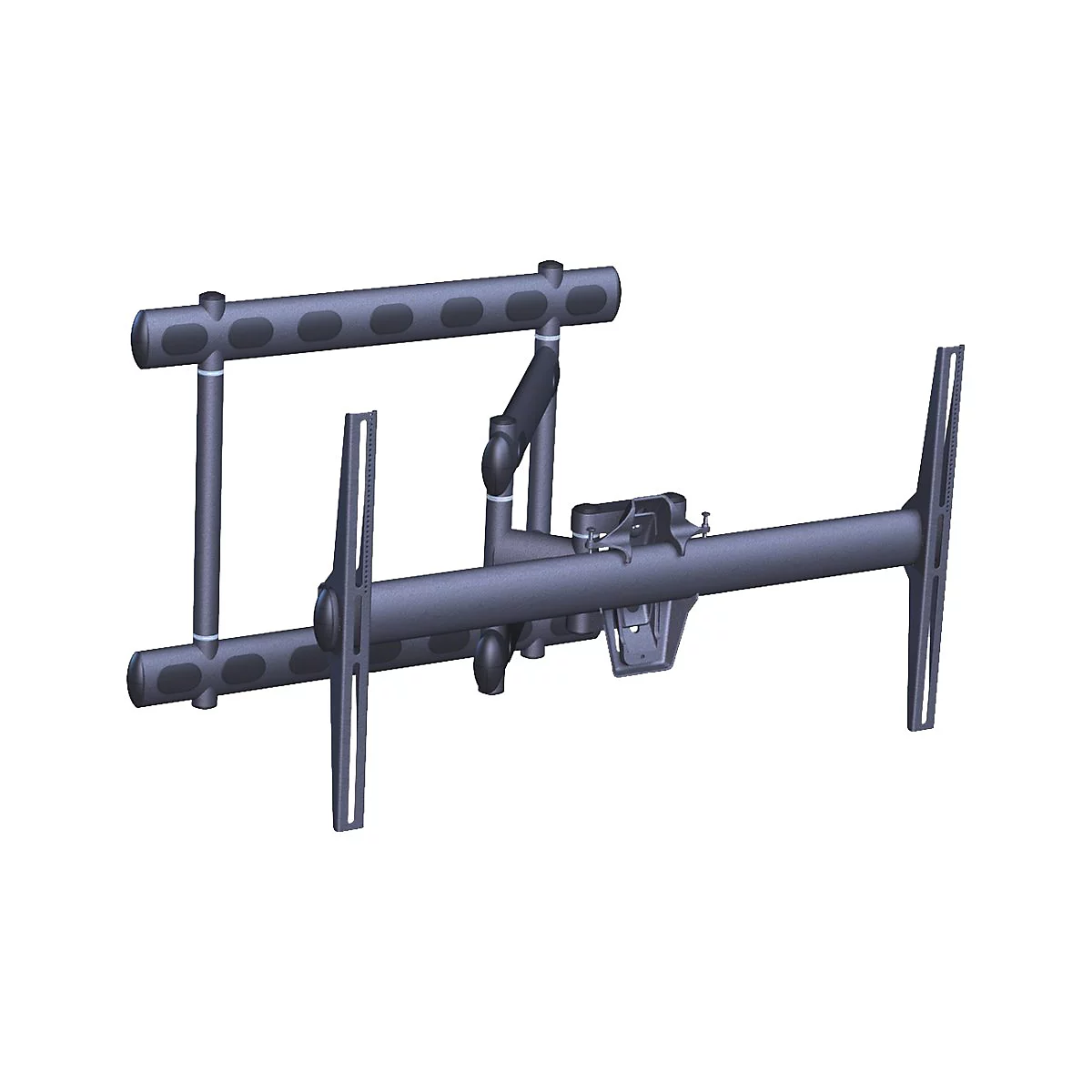 Graue TV-Wandhalterung, Ansicht von vorne, Details zu Rohren, Schrauben und Halterungen.
