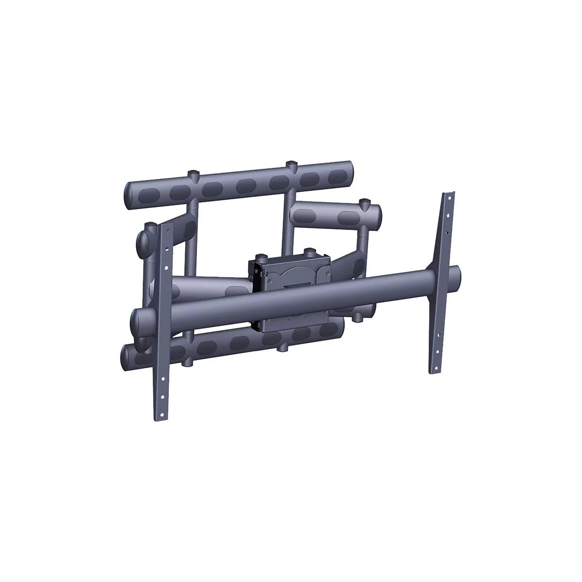Grauer TV-Wandhalter, der aus Rohren und Verbindungsstücken besteht.