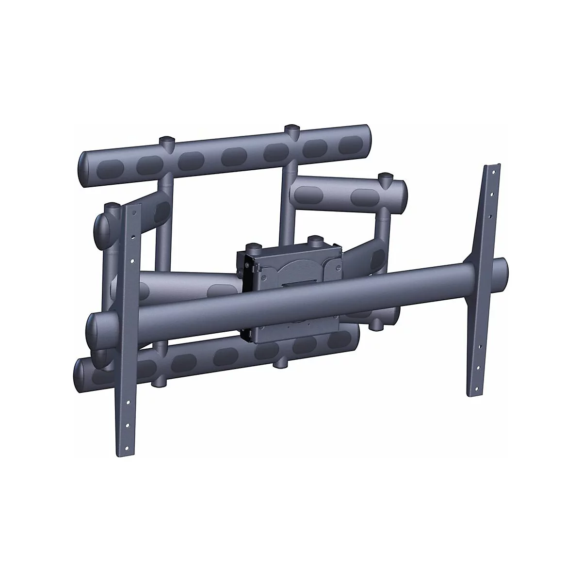 Graue TV-Wandhalterung, Detailansicht. Rohrförmige Konstruktion mit ovalen Vertiefungen, zwei Halterungen.