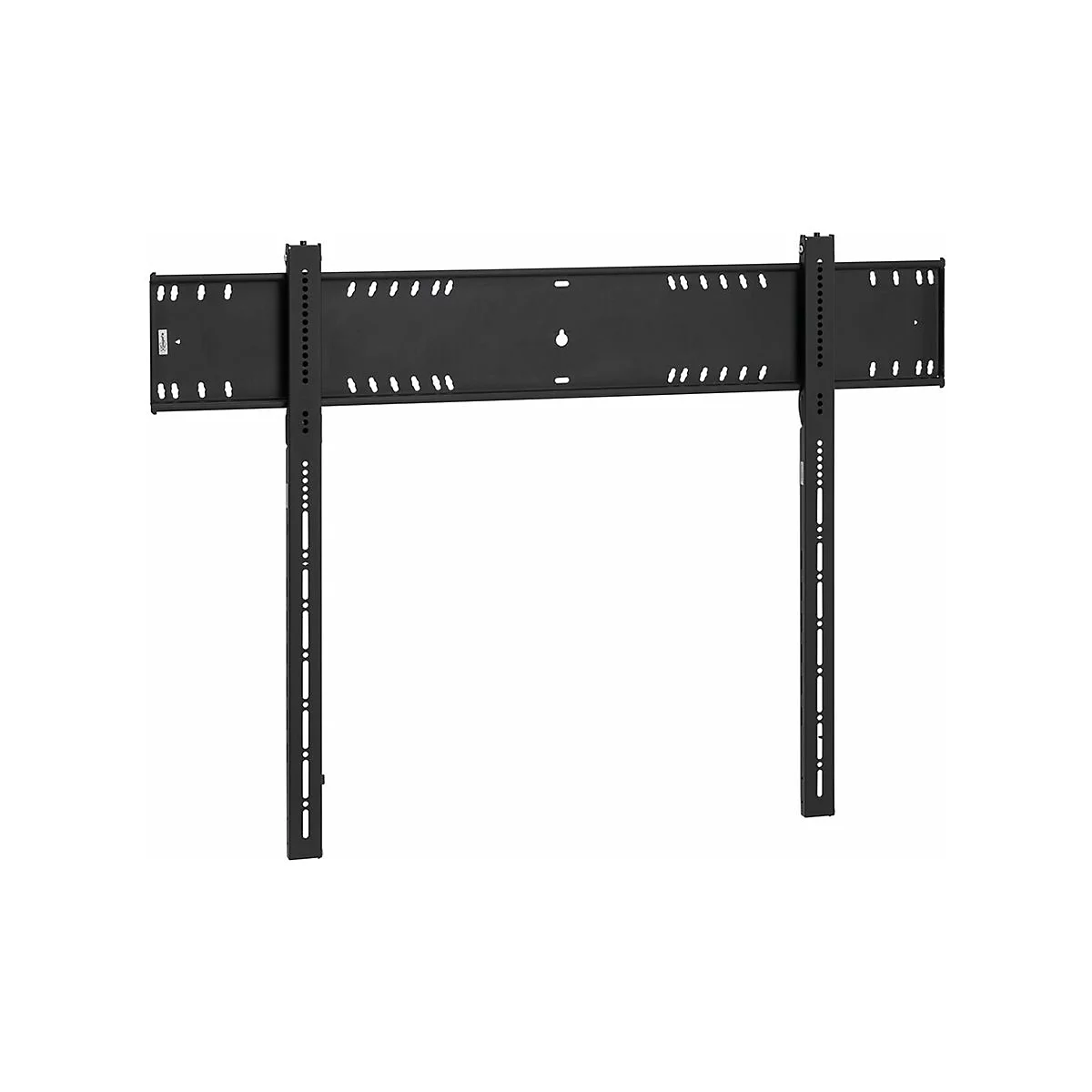 Support mural TV noir composé d'un support horizontal et de deux rails verticaux avec des trous.