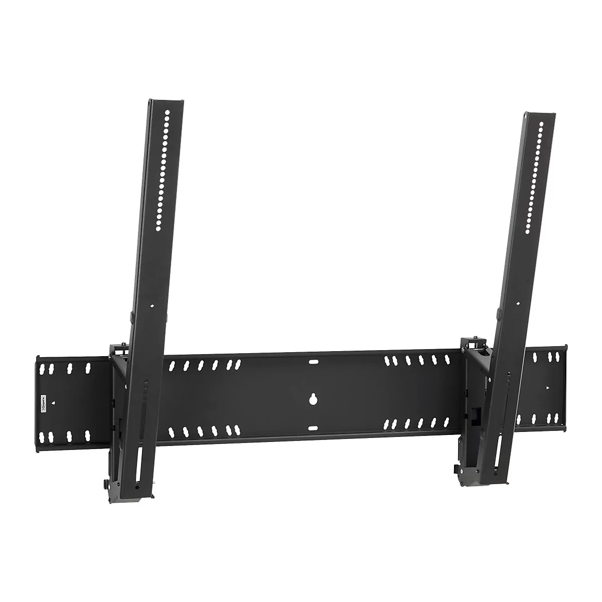 Schwarze TV-Wandhalterung, bestehend aus Halterung und zwei vertikalen Trägern mit Löchern.