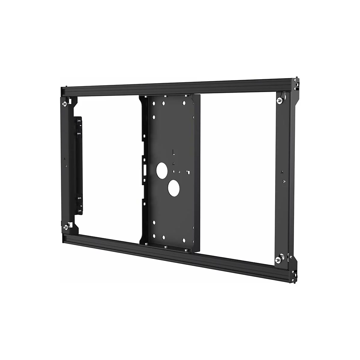 Schwarzer Metallrahmen mit quadratischem, offenem Design zur Wandmontage. Ein zentrales Panel mit Löchern.