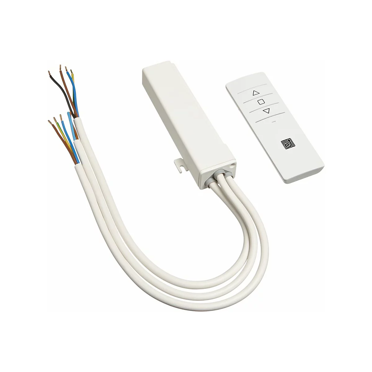 Weiße Fernbedienung und Empfänger für Rollläden mit Kabeln. Pfeiltasten und Firmenlogo auf der Fernbedienung.