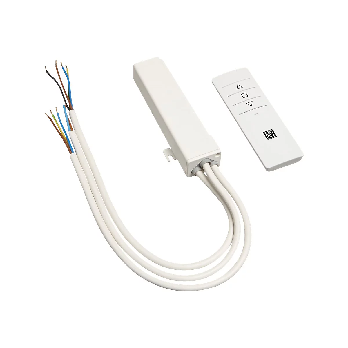 Kabelloser Rolladensteuerungssatz mit Fernbedienung und Empfänger, weiß. Drähte mit farbigen Enden.