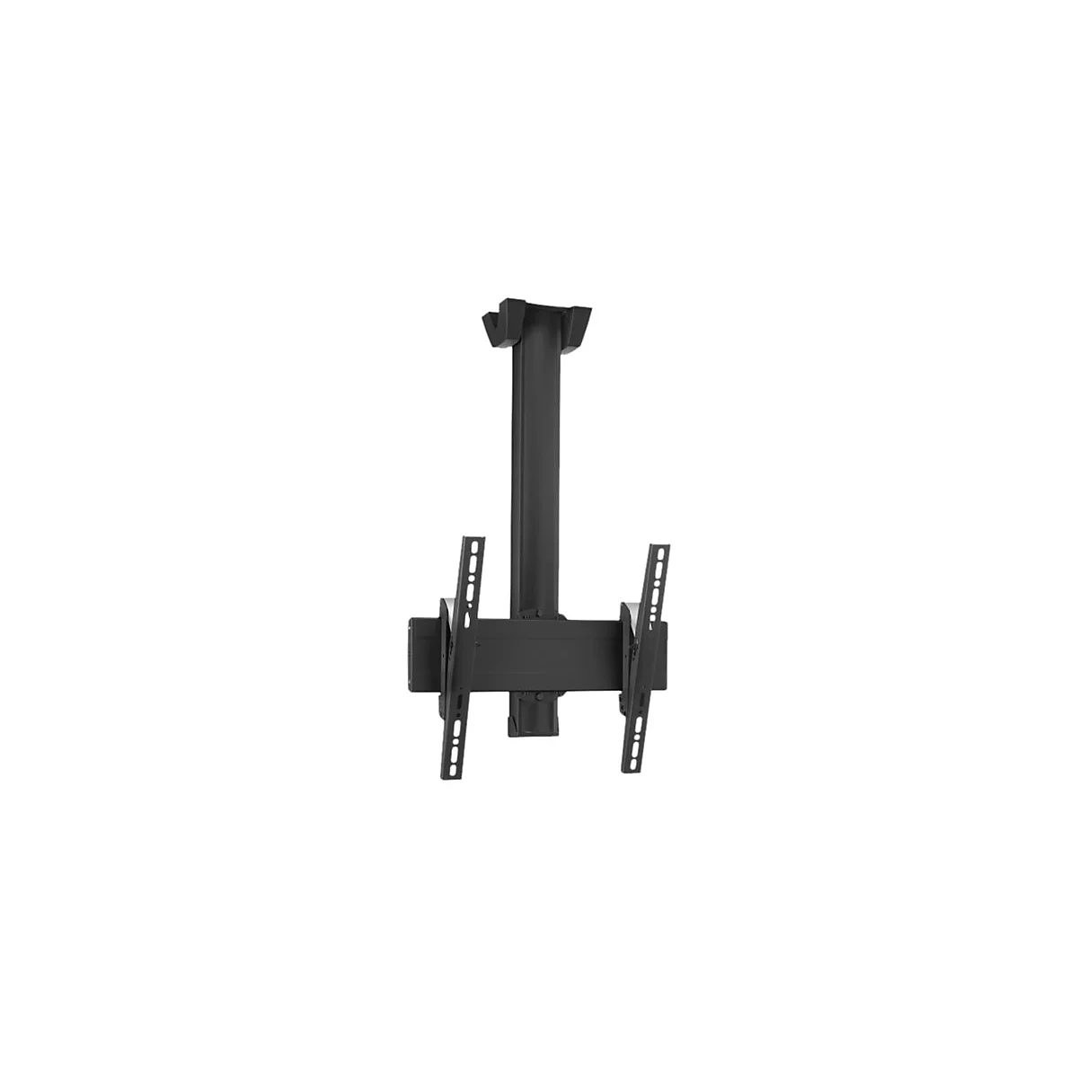 Schwarze Deckenhalterung für einen Fernseher. Das Produkt ist vor weißem Hintergrund abgebildet.