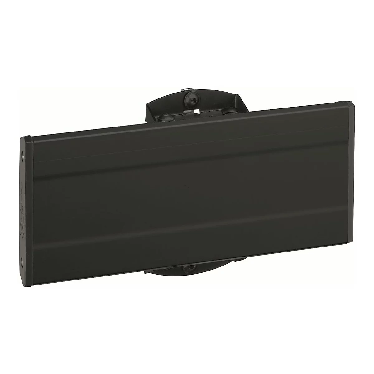 Schwarze, rechteckige Leuchte an Halterung, vor weißem Hintergrund.