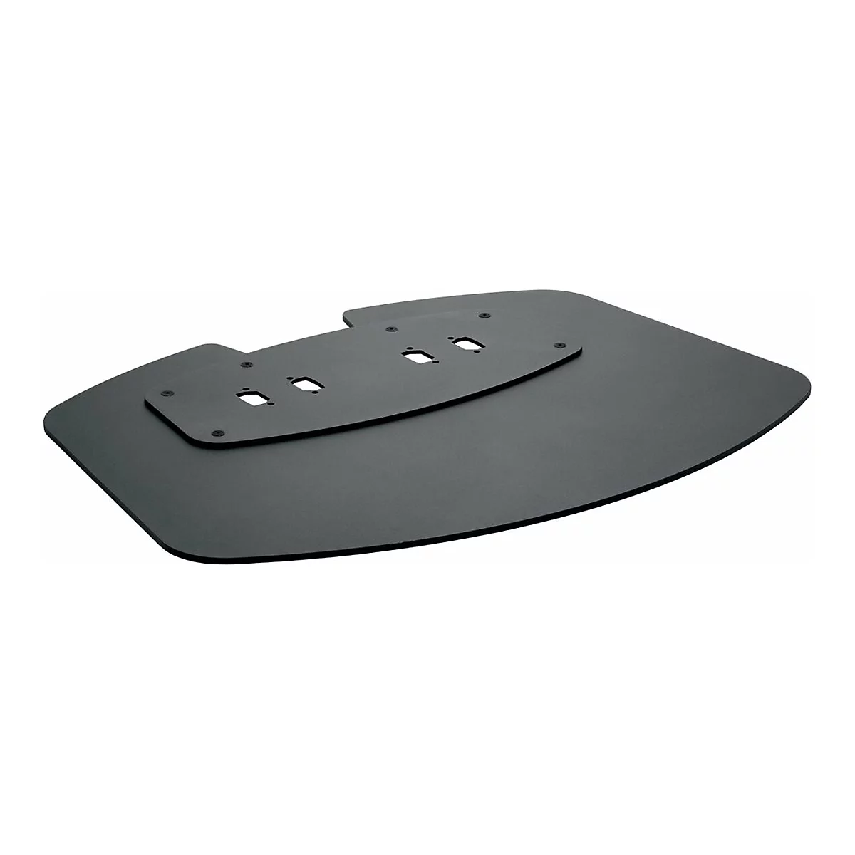 Schwarze, gebogene Metallplatte mit eingelassenen Aussparungen. Darüber eine kleinere Platte mit Löchern.