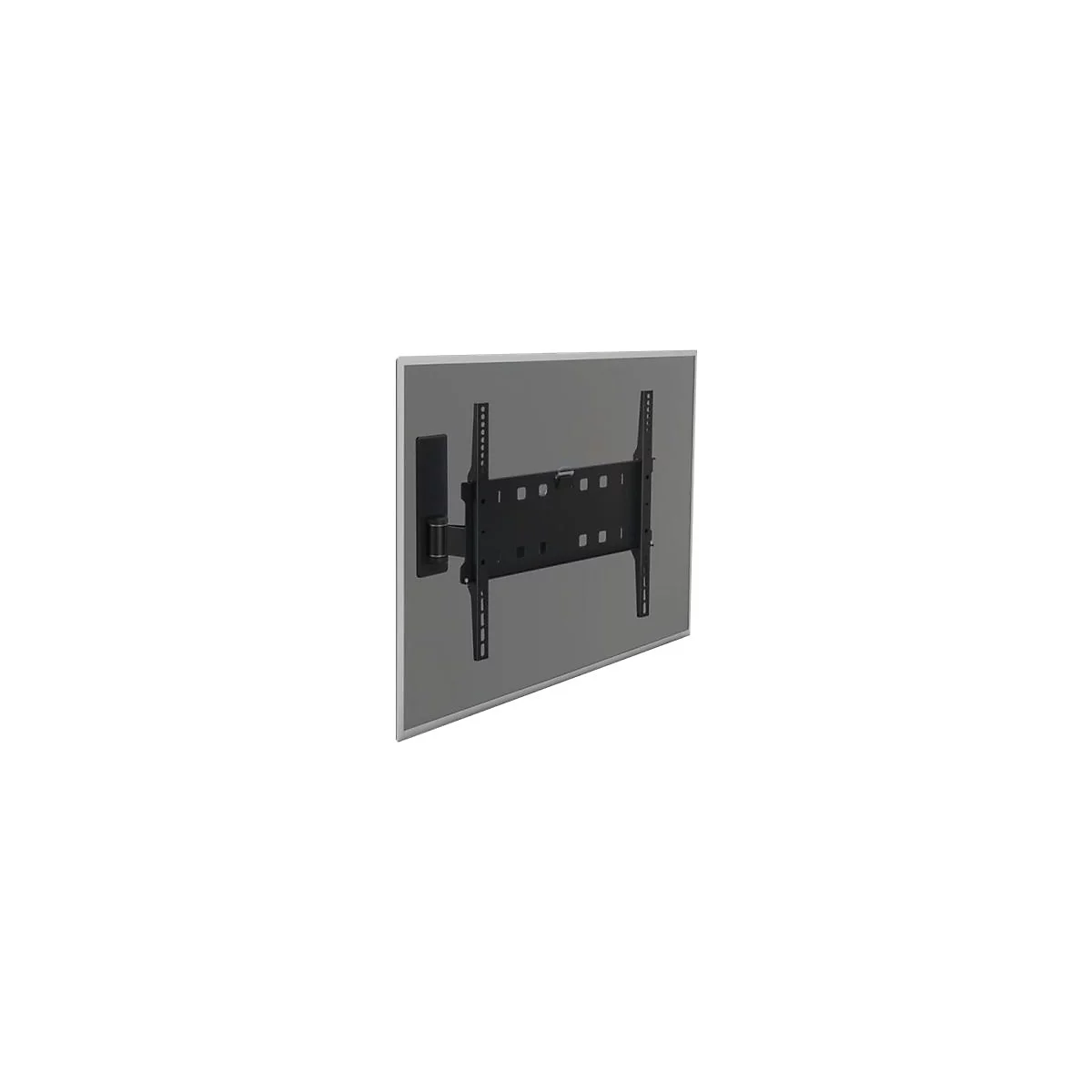 Schwarze TV-Halterung an grauer Wand, mit Schwenkfunktion.