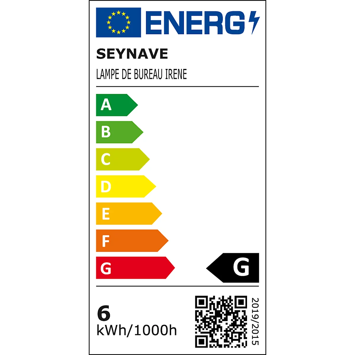 Energielabel voor een lamp met de aanduidingen ENERG, SEYNAVE en LAMPE DE BUREAU IRENE, energie-efficiëntieklasse G.