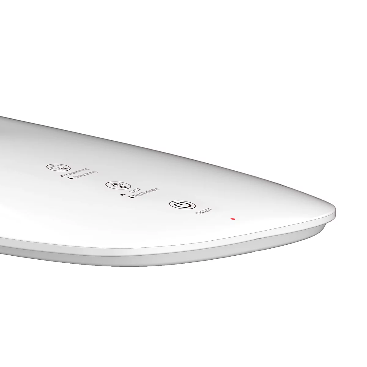 Close-up van een wit, afgerond oppervlak met drie symbolen en een rode LED-indicator.