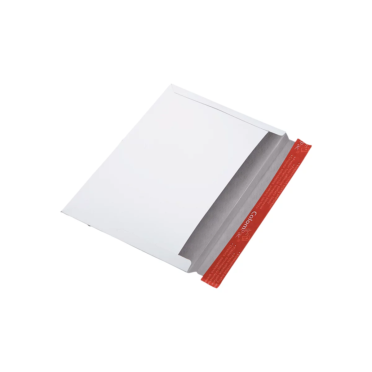 Weißer Versandkarton mit rotem Streifen und 'Colompac'-Schriftzug.