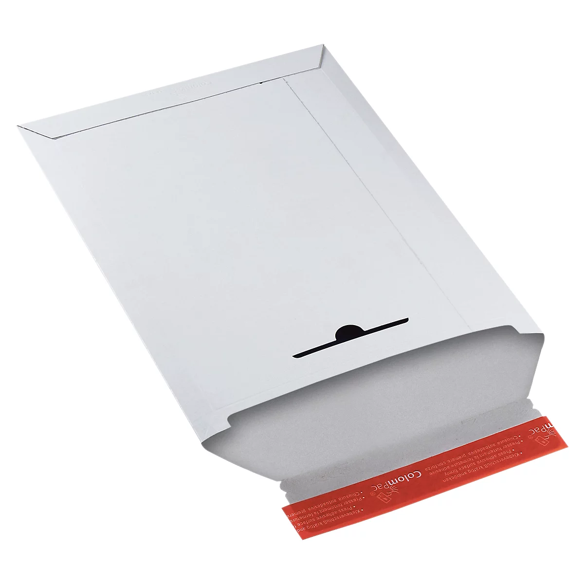 Ein weißer Luftpolsterumschlag, leicht geöffnet, mit rotem Verschlussband.