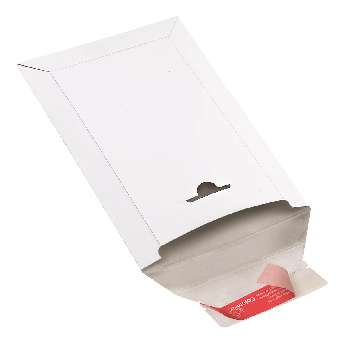 Weißer Karton mit halb geöffneter Klappe. Ein roter Aufkleber mit Text ist sichtbar.