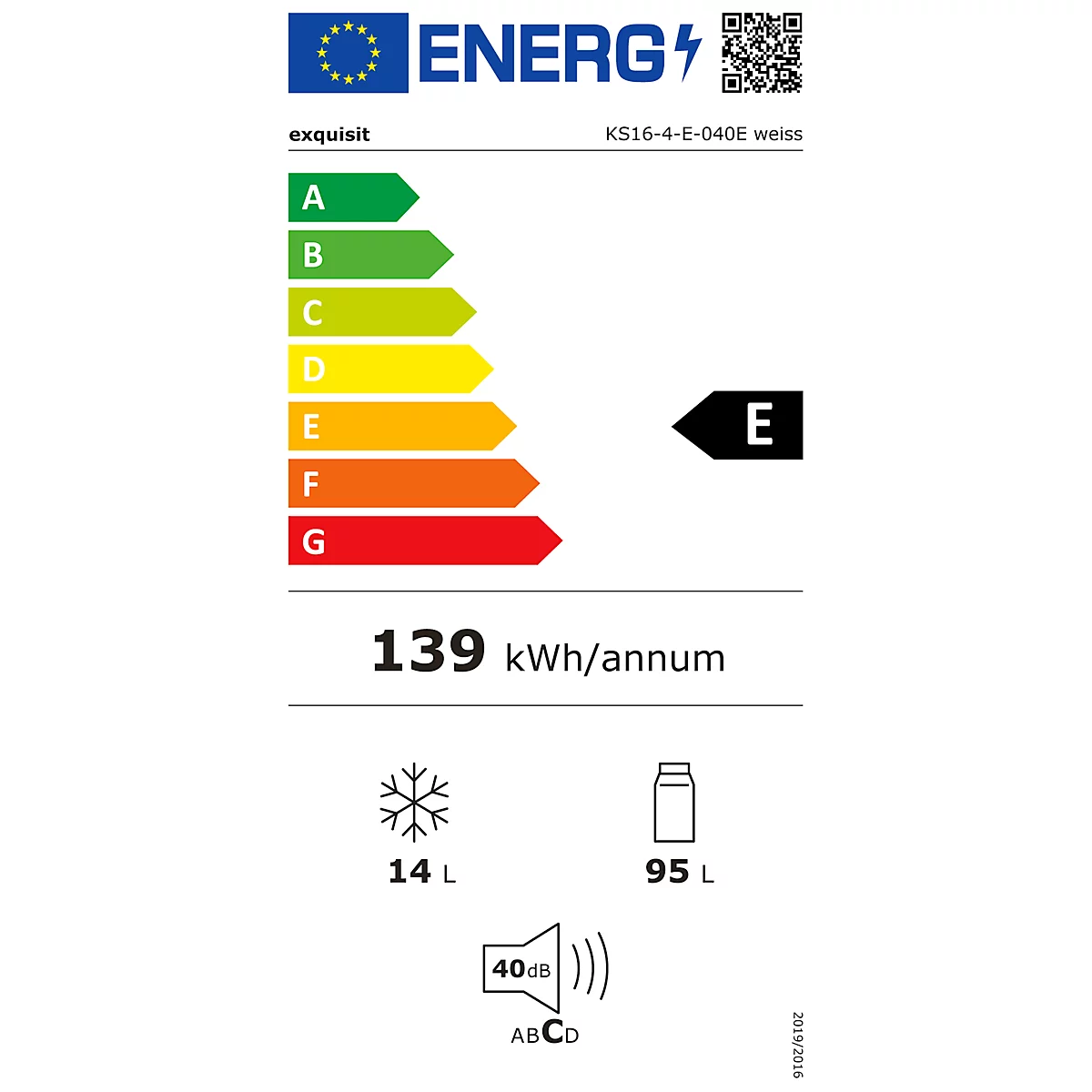 Vollraumkühlschrank exquisit KS16-4-E-040E, 100 W, 109 l, 40 dB, 2 Fächer/1 Kühlfach/1 Frischefach/3 Türfächer, B 550 x T 570 x H 855 mm, weiß