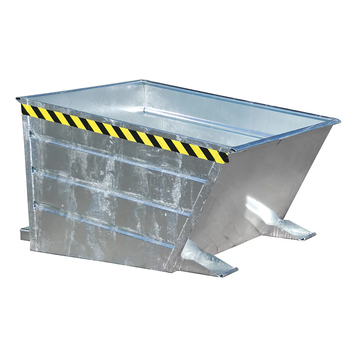 Volquete de metal gris con cinta de advertencia amarilla y negra. El contenedor está diseñado para el transporte de materiales a granel.