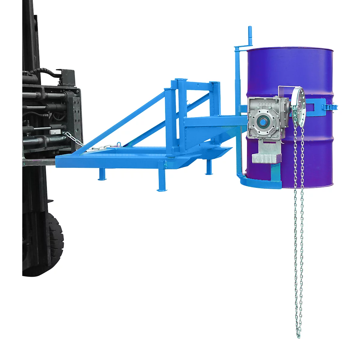 Volteador de barriles Bauer tipo FD/L, para barriles de 110 a 220 l, 360 kg, basculación de 270°, con cadena continua, alojamiento de apilador, azul luminoso RAL 5012
