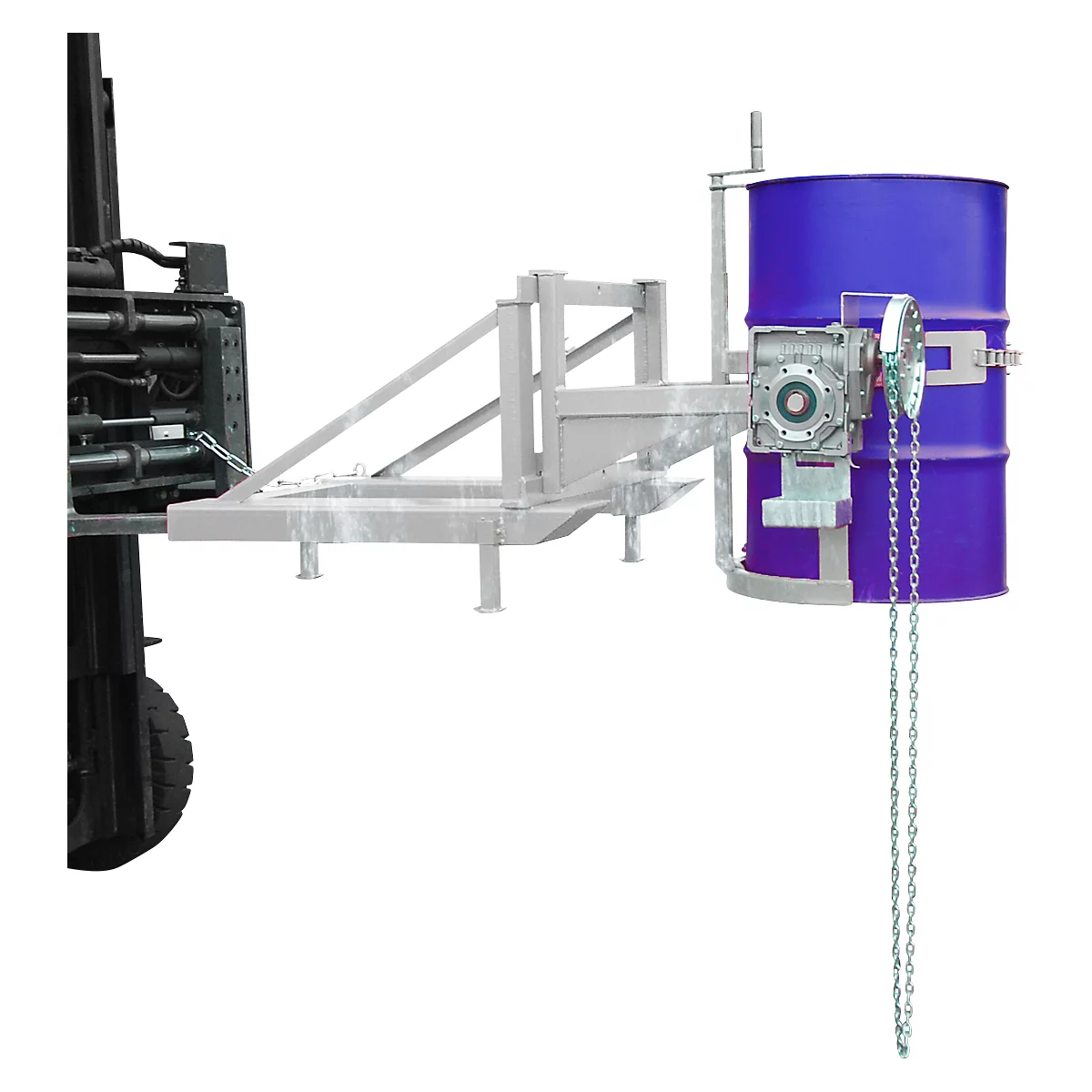 Volteador de barriles Bauer tipo FD/L, para barriles de 110 a 220 l, 360 kg, basculación de 270°, con cadena continua, alojamiento de apilador, galvanizado