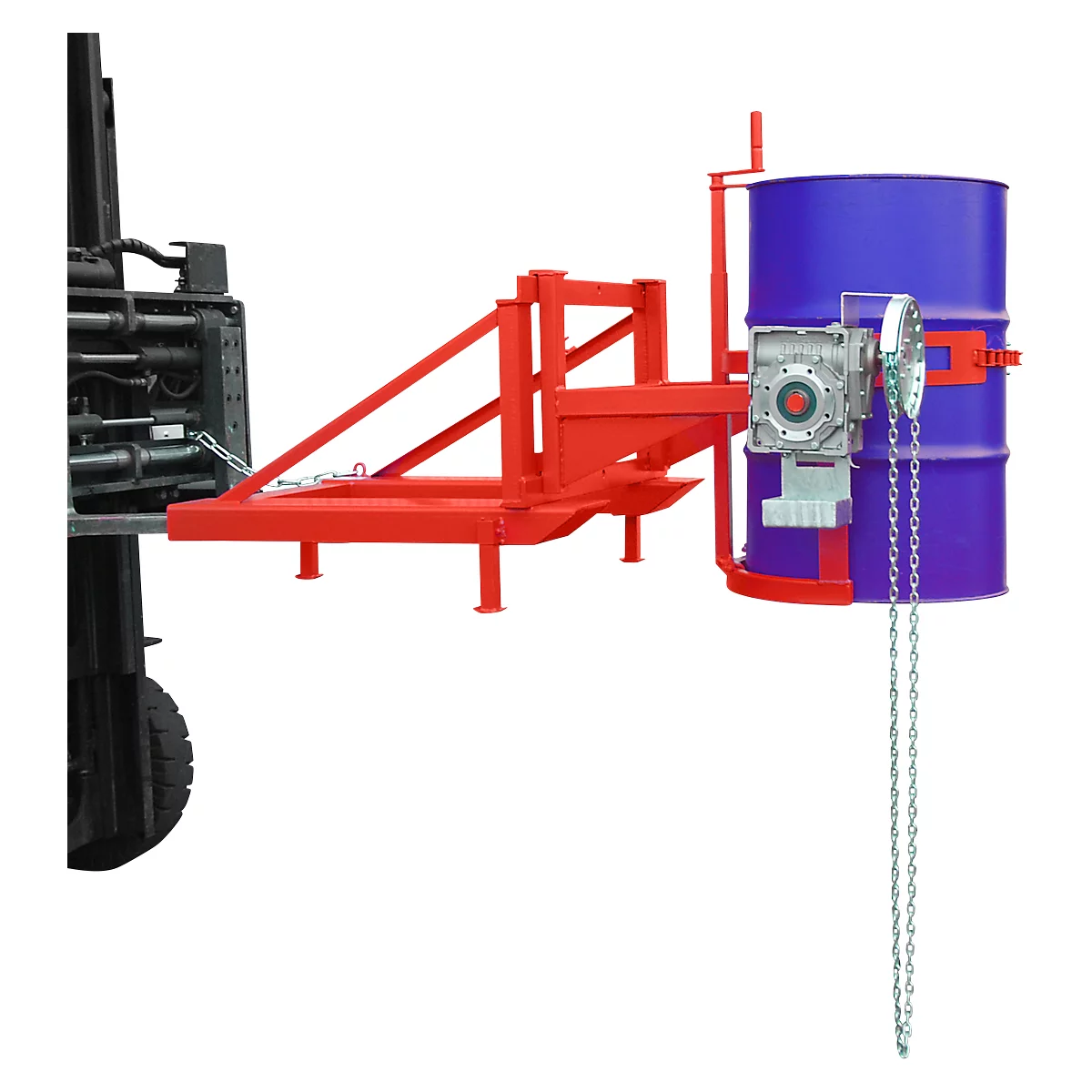 Volteador de barriles Bauer tipo FD/L, para barriles de 110 a 220 l, 360 kg, basculación de 270°, con cadena continua, alojamiento de apilador, rojo vivo RAL 3000