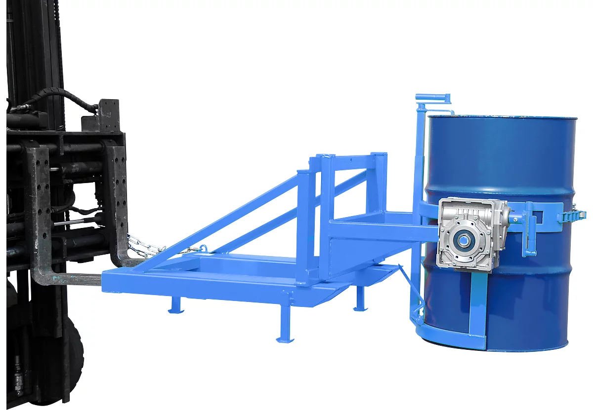 Volteador de barriles Bauer tipo FD/L, para barriles de 110 a 220 l, 360 kg, basculación de 270°, con manivela, alojamiento de apilador, azul luminoso RAL 5012