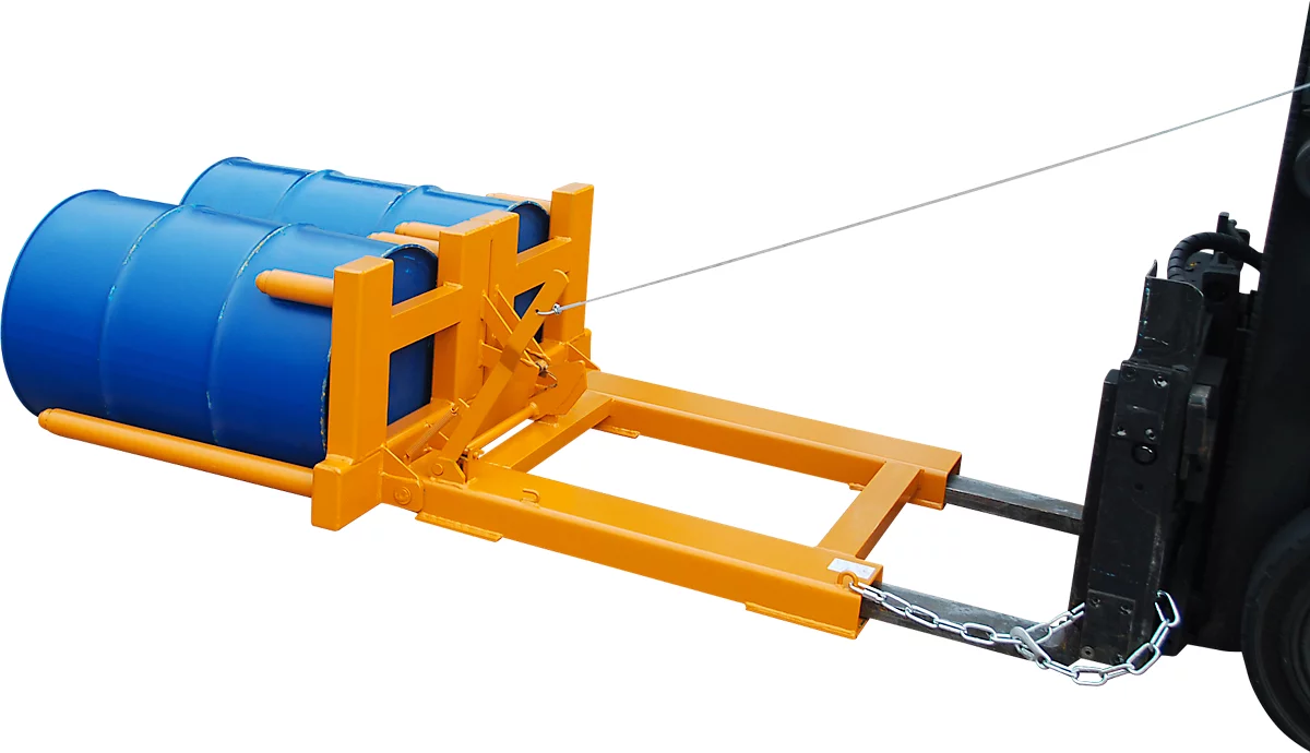 Volteador de bidones Bauer tipo FW-II, para bidones de 200 l, 600 kg, volcado mediante cable metálico, enganche para carretilla elevadora, acero amarillo-naranja