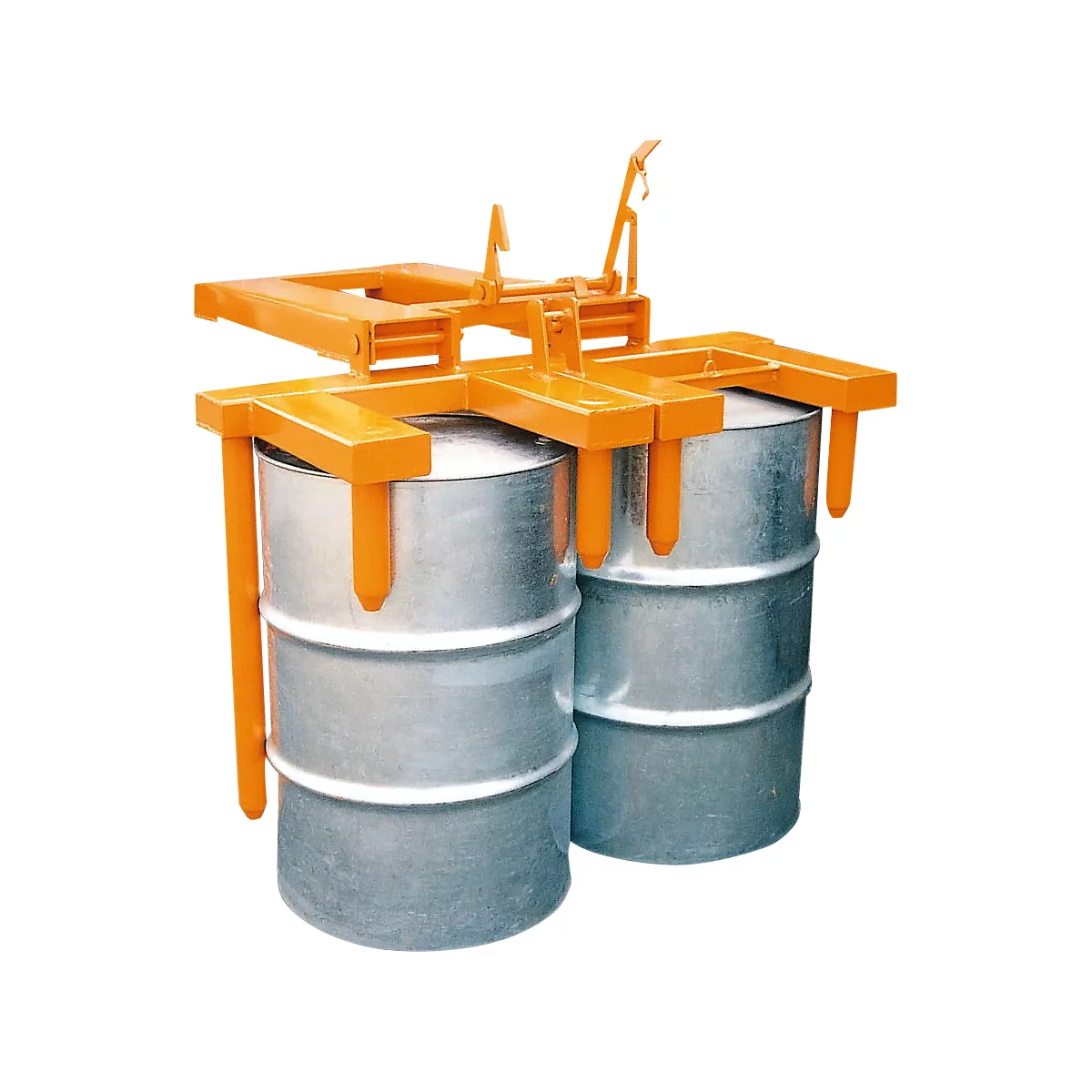 Volteador de bidones Bauer tipo FW-II, para bidones de 200 l, 600 kg, volcado mediante cable metálico, enganche para carretilla elevadora, acero amarillo-naranja