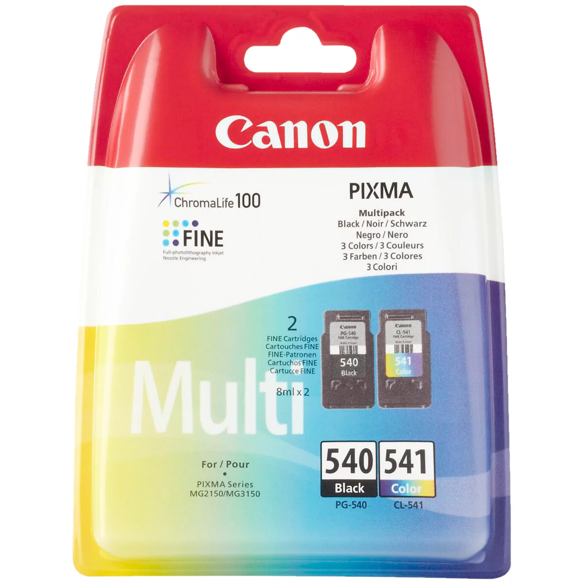 Canon inktcartridge multipack. Zwarte en kleuren cartridges in rode en witte verpakking.