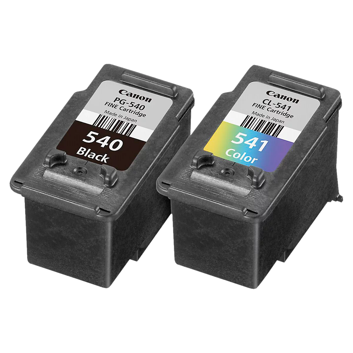 Twee Canon inktcartridges, een zwarte 540 en een kleurencartridge 541, naast elkaar.