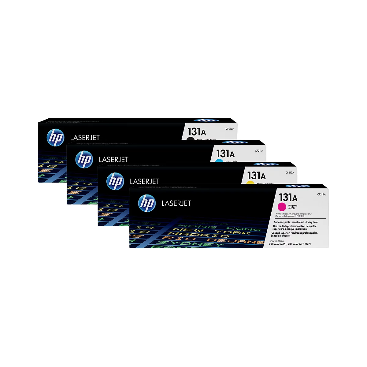 Vier HP LaserJet tonercartridges, elk met een andere kleur en het label '131A'.