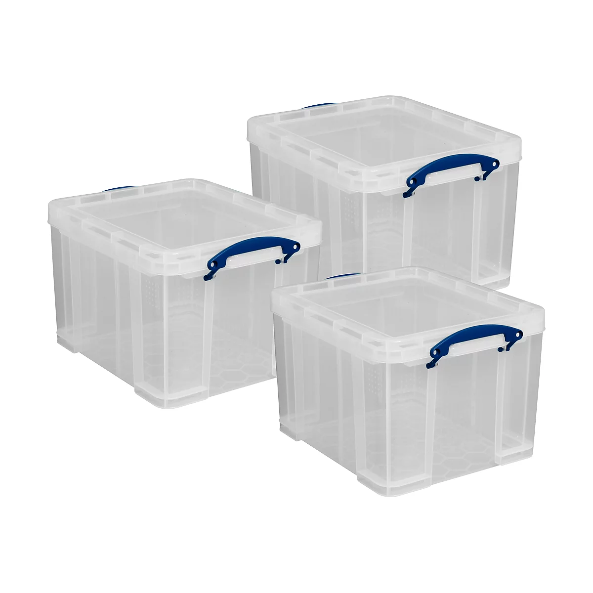 Voordeelset Really Useful Boxes, 3 stuks van 35 l, vergrendelbare handgrepen, met deksel, stapelbaar, polypropeen, transparant