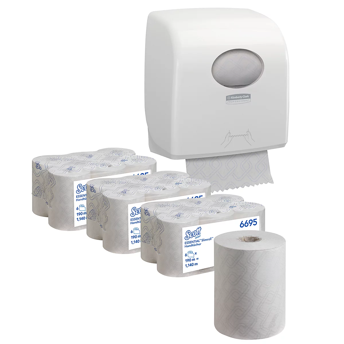 Een witte papieren handdoekdispenser met papieren rollen. Op de voorgrond staat een enkele rol papieren handdoeken.