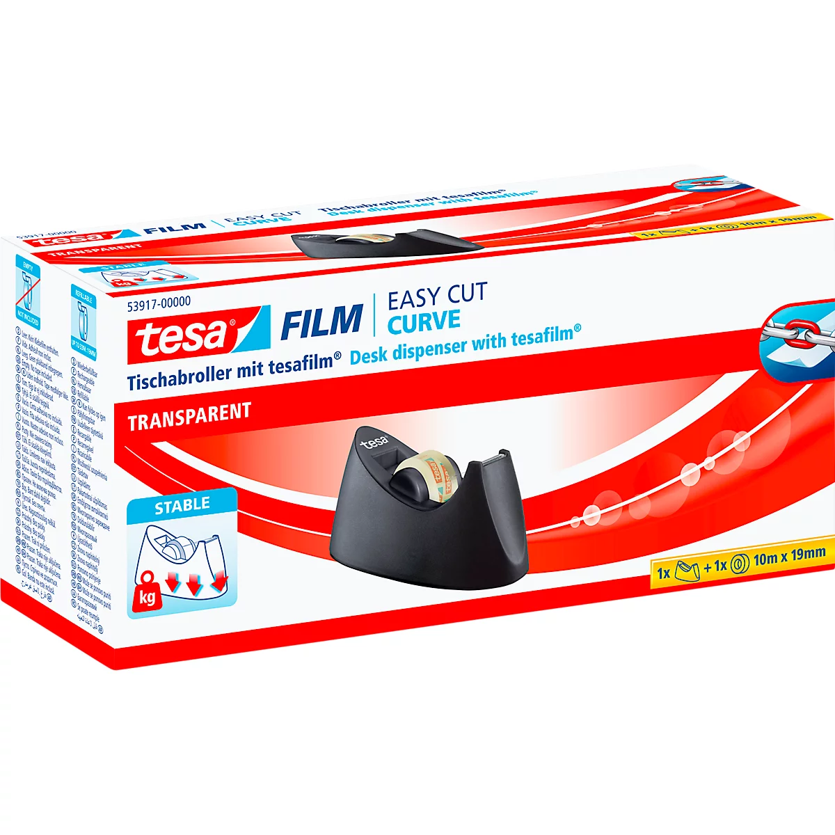 Tesafilm dispenser met kartonnen verpakking, 'tesa' belettering, rode streep.