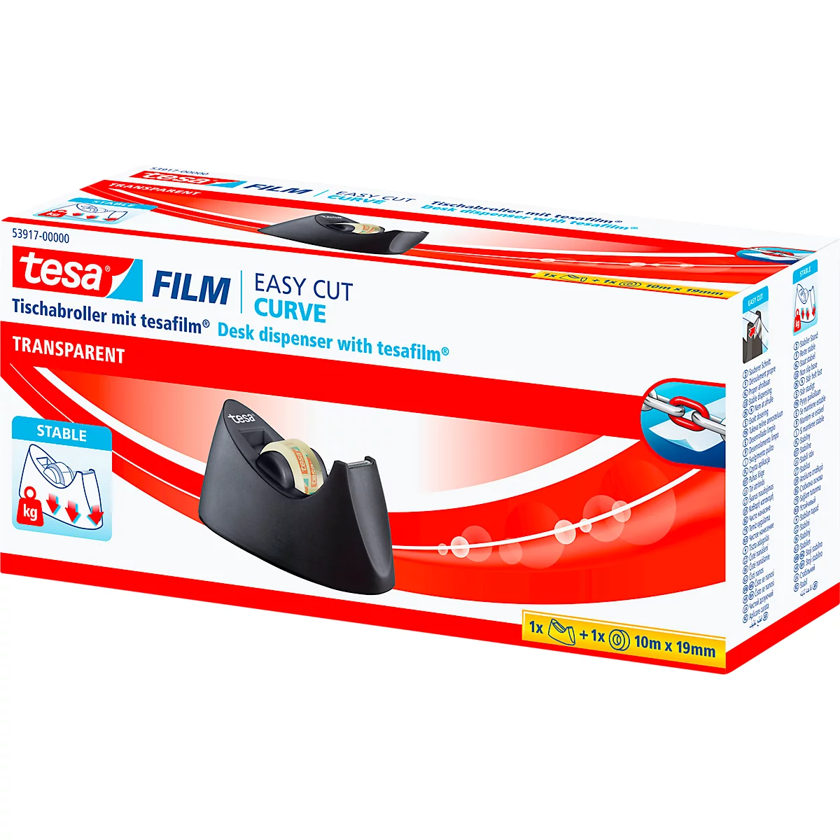 Tesafilm-tafeldispenser in een doos. Opschrift: tesa FILM EASY CUT CURVE.