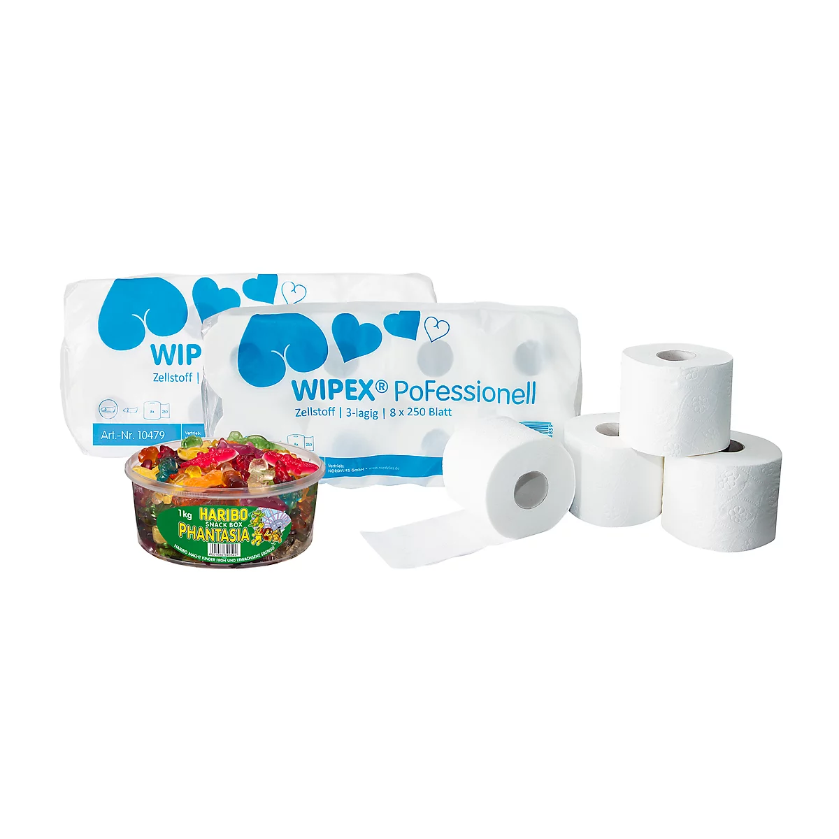 Voordeelset toiletpapier WIPEX Pofessional + 1 kg HARIBO Phantasia, 144 rollen, 3-laags, helderwit