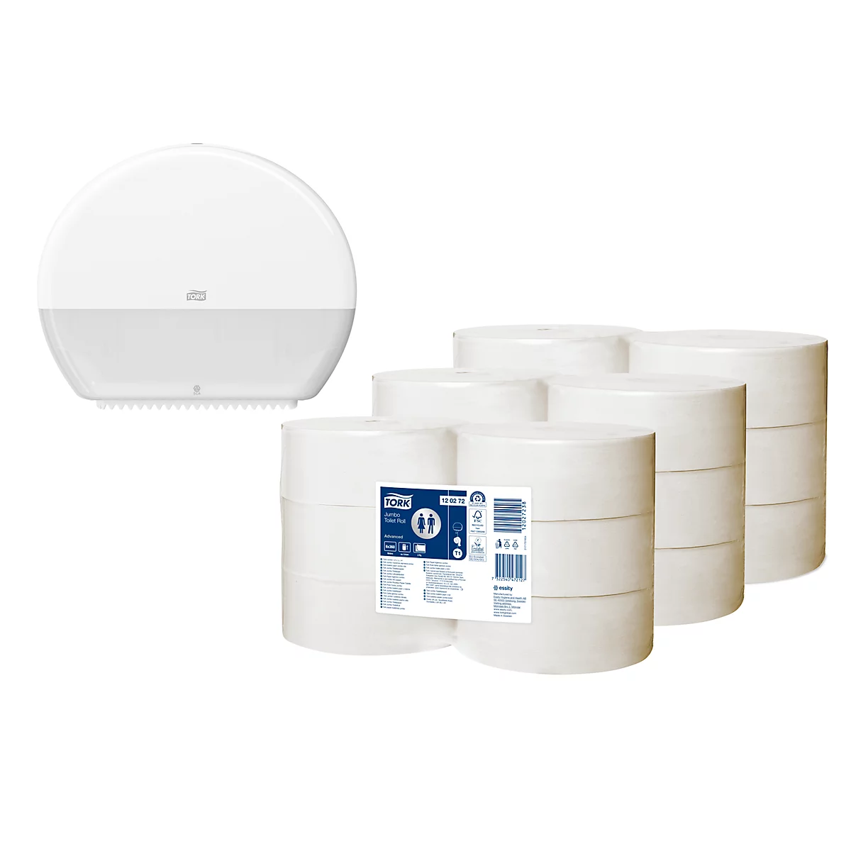 Voordeelset Tork® Jumbo Advanced toiletpapier 120272, 2-laags, T1-compatibel, 18 rollen, wit + toiletpapierdispenser Jumbo 554000, wit