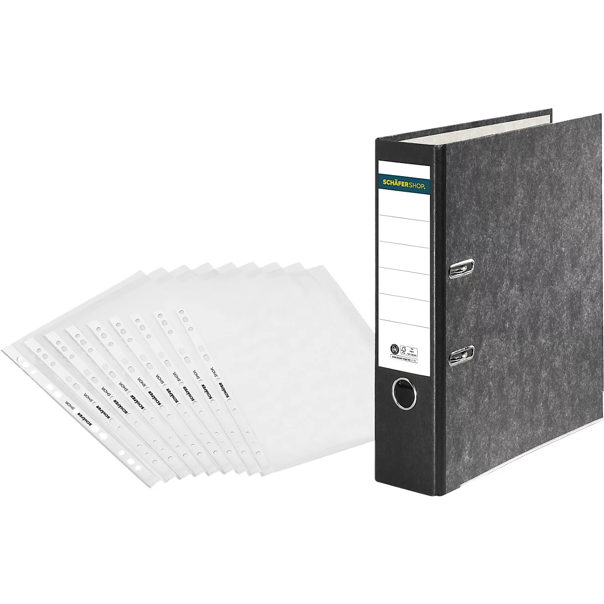 Voordelige set mappen Schäfer Shop Select, DIN A4, rugdikte 80 mm, 20 stuks, zwart + 50 brochurevakken Premium, DIN A4, transparant, glad/helder