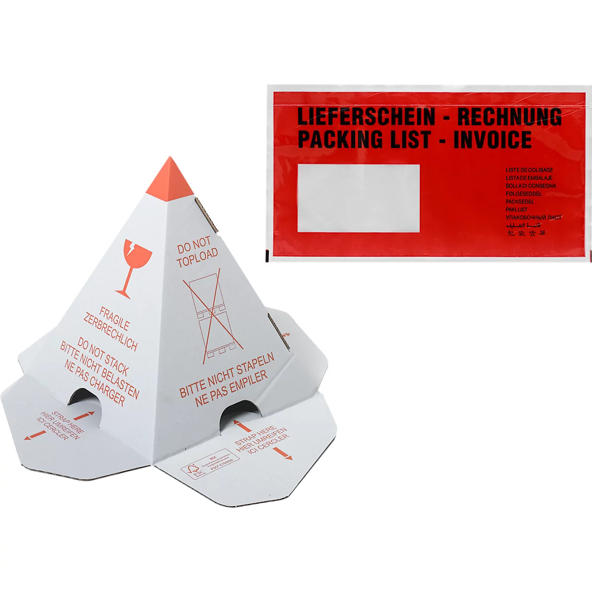 Voordelige set palletdoppen Grünmarie®, 3-D effect, waarschuwingsopdruk, 100 stuks + documentenhoes Debatin DEBAPAC® PCR leveringsbon/factuur, DIN lang, 240 stuks