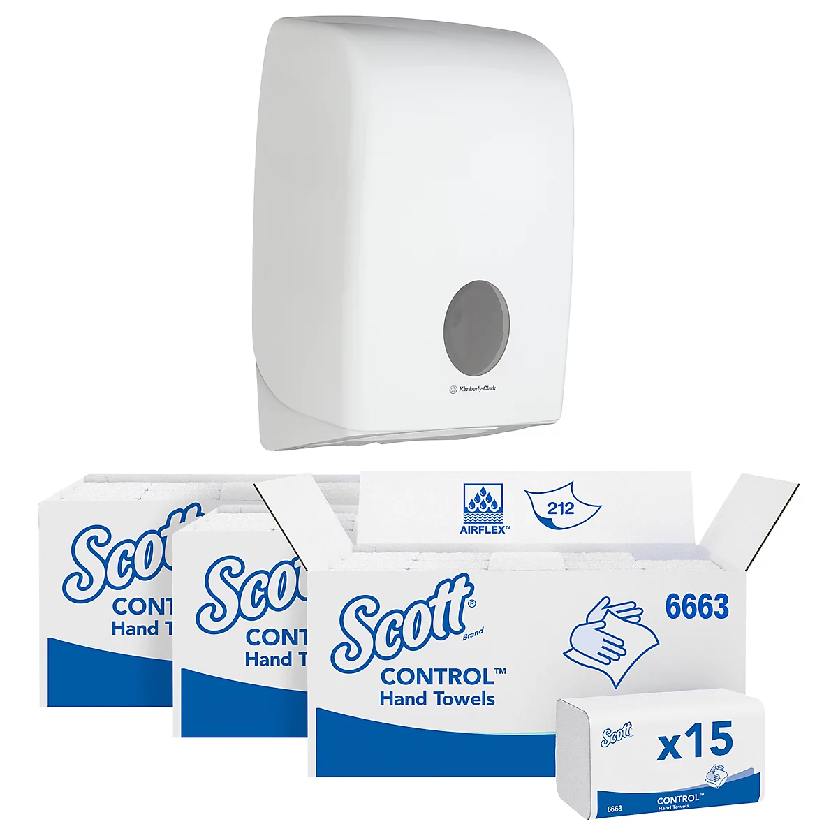 Witte handdoekdispenser met handdoekdozen. Op de dozen staat "Scott CONTROL Hand Towels".