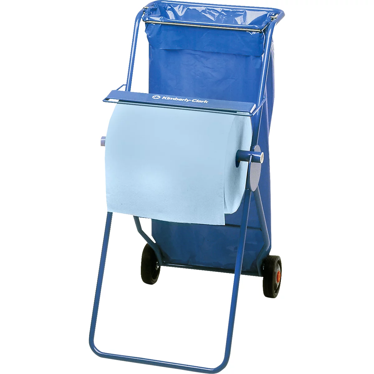 Blauwe schoonmaakkar met papierrolhouder en geïntegreerde afvalzak tegen een witte achtergrond.