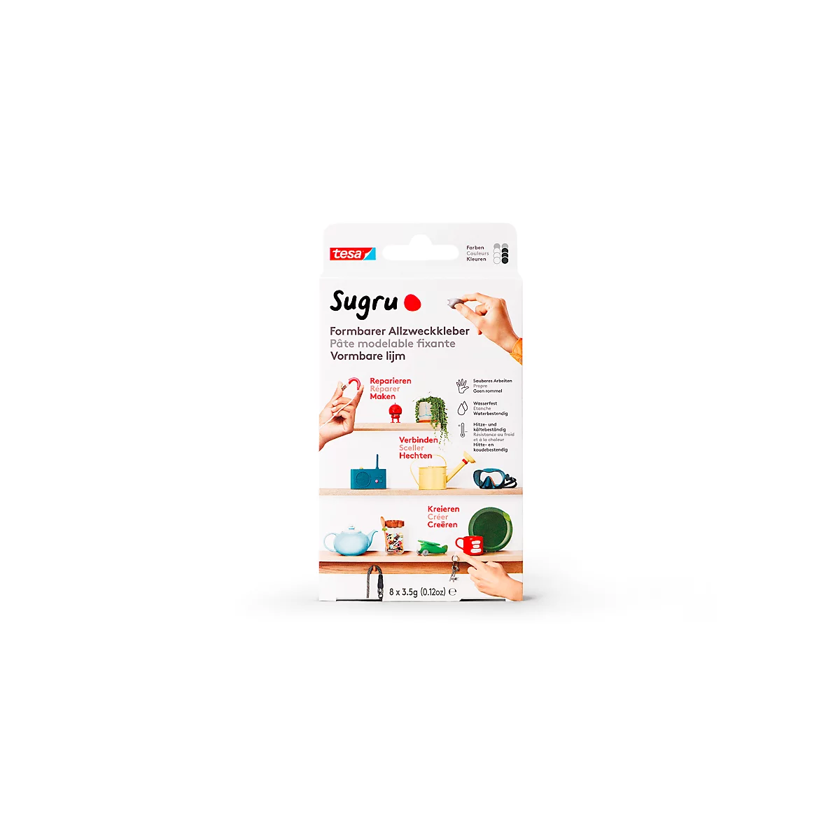 Vormbare universele lijm Sugru by tesa®, verwerkingstijd 30 min, verpakking van 8 (8 x 3,5 g), in zwart, wit & grijs