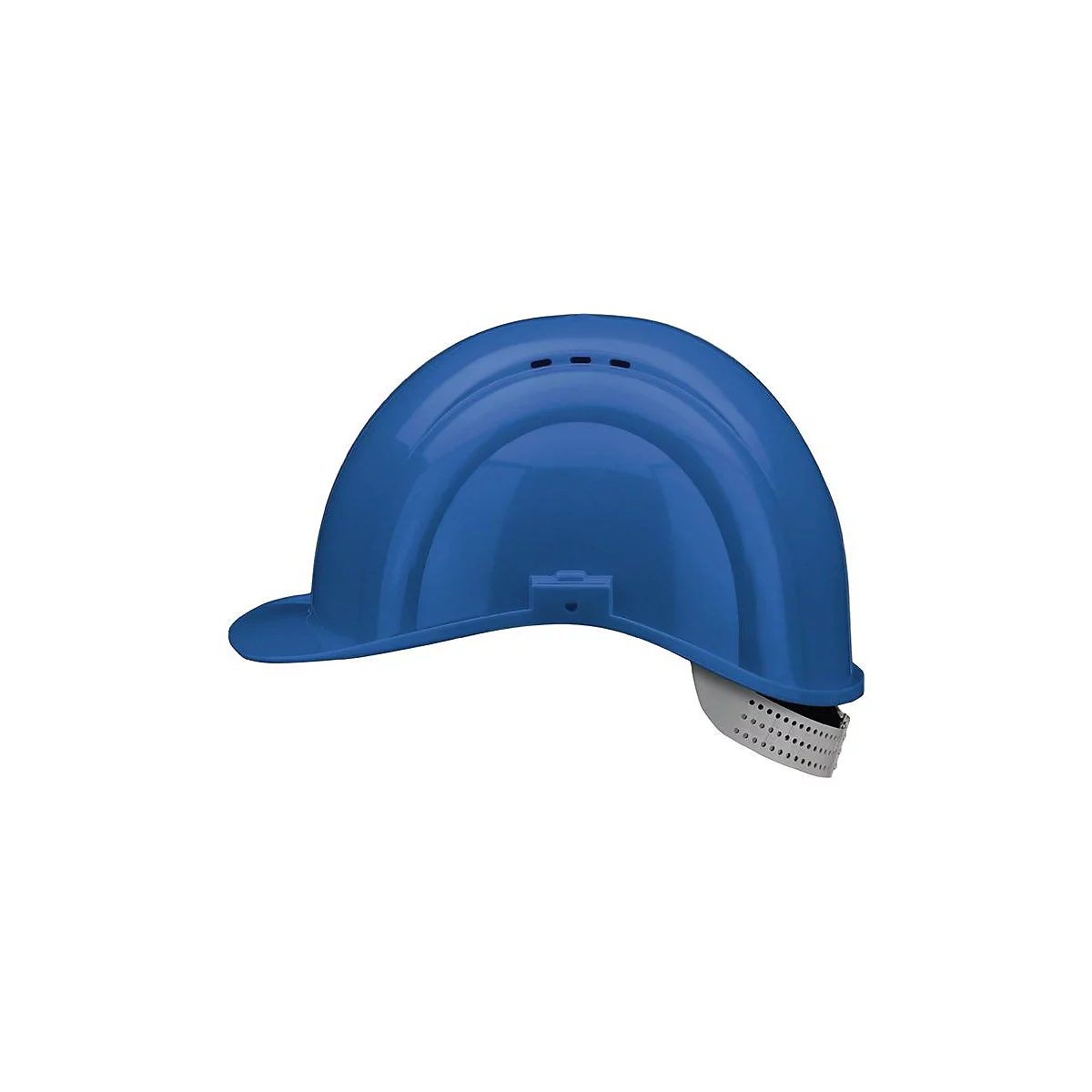 Casque de chantier bleu avec mentonnière. Le dessus du casque comporte des trous de ventilation.
