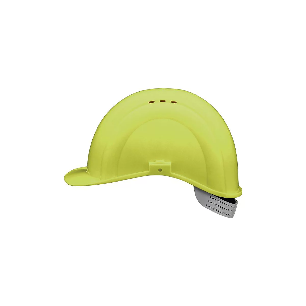 Un casque de sécurité jaune vif avec une jugulaire.