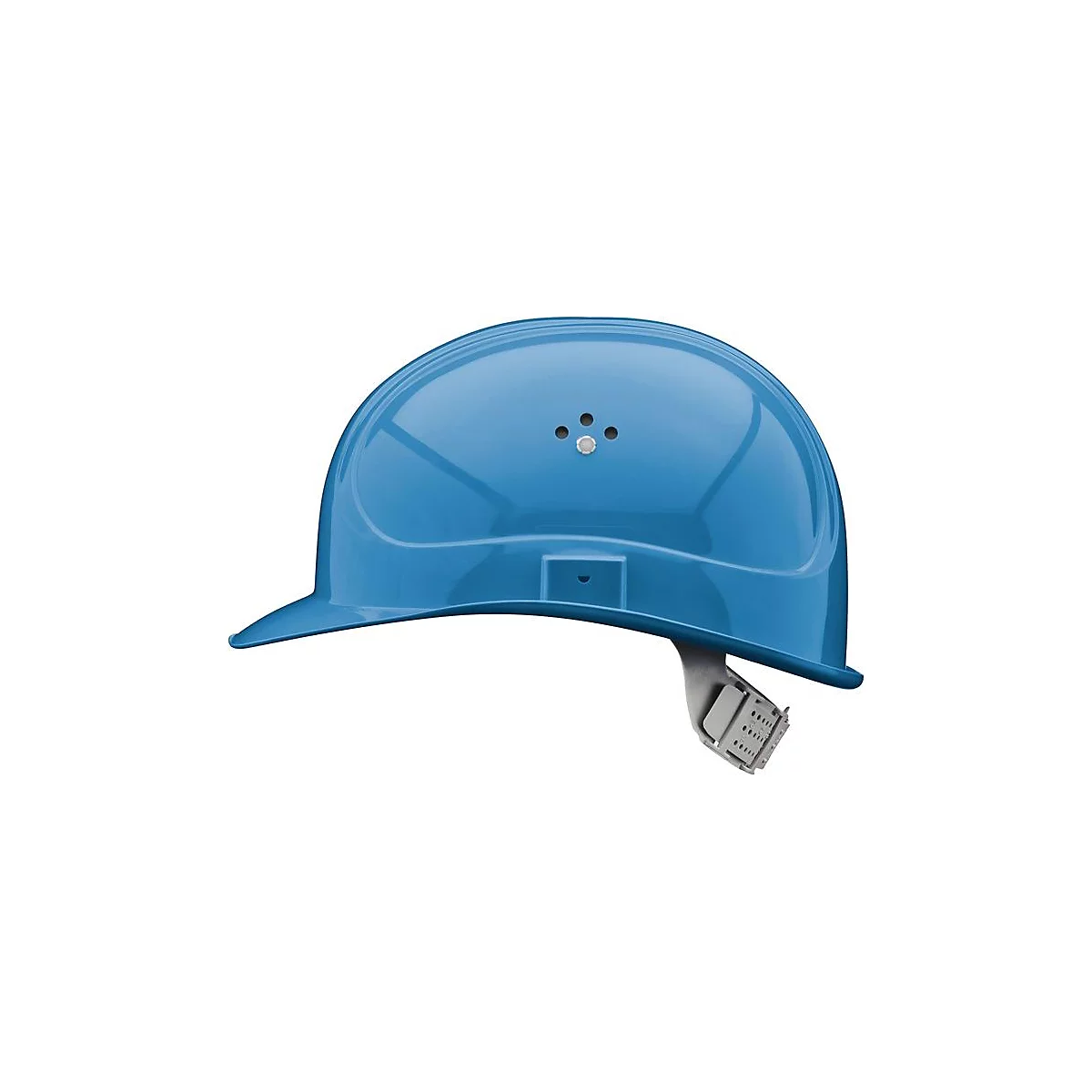 Casque de sécurité bleu avec mentonnière, vue détaillée, léger pli sur la gauche.