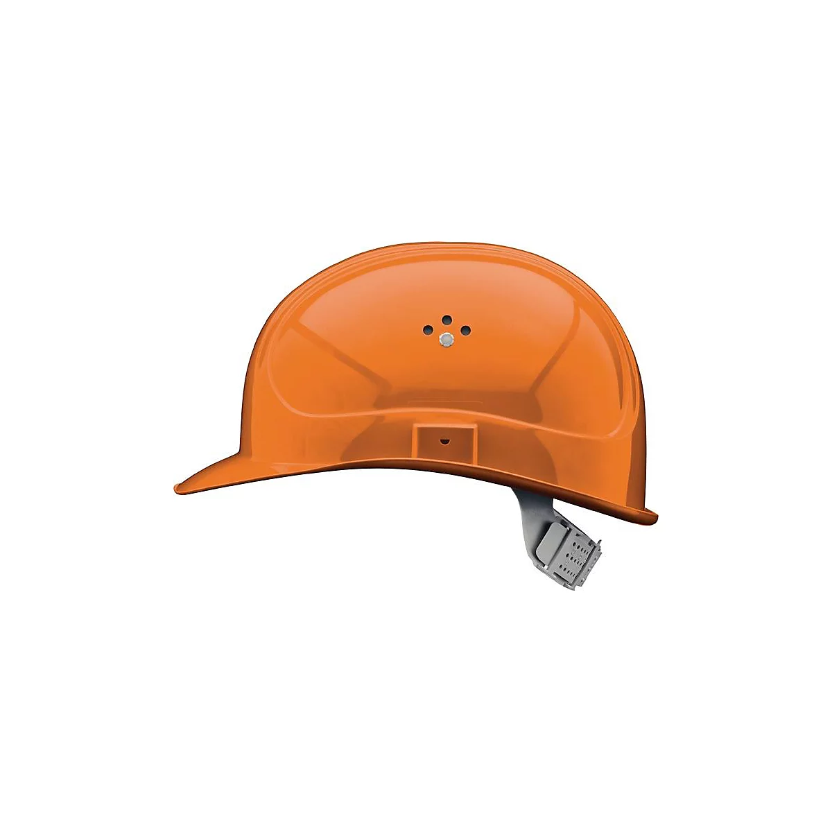 Un casque de sécurité orange. Le casque a une visière et une jugulaire.