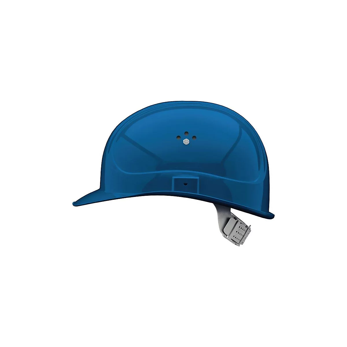 Casque de sécurité bleu, vu de côté. Avec jugulaire et trous de ventilation sur le casque.